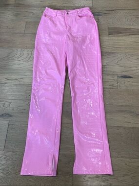 Boohoo by Kourtney Kardashian Bubble Gum Pink Vinyl Flared Trouser Size 2
